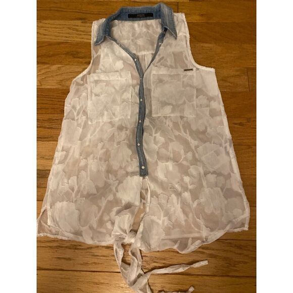Guess women's white sheer floral denim collared button tied sleeveless blouse XS - Picture 1 of 9